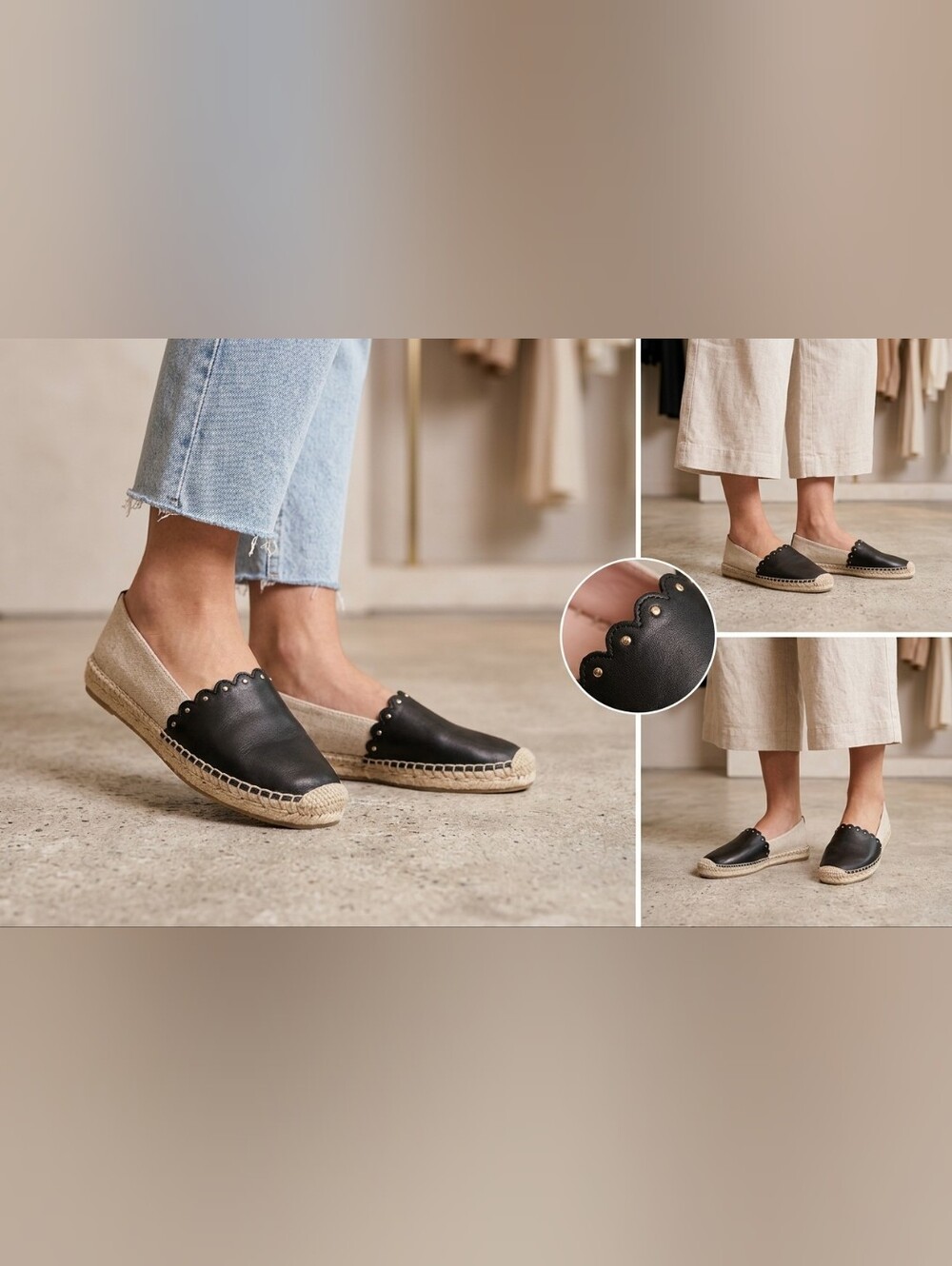 NWOB Kate Spade Scalloped Leather & Linen Espadrille Flats Size 8.5B